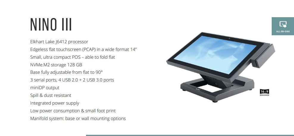 AURES Nino III POS Terminal Elkhart Lake J6412 8GB RAM 14" PCAP Touchscreen